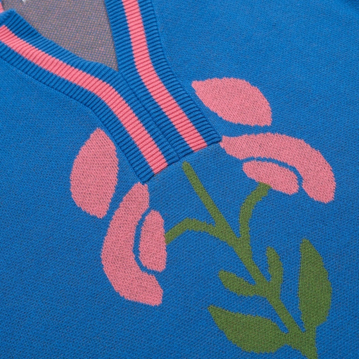 Blue | Retro Ruffle Sleeve Pop Floral Jacquard Knit T-Shirt