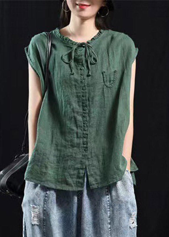 Black-Green Patchwork Ruffle Top Made from Organic Cotton with Short Sleeves