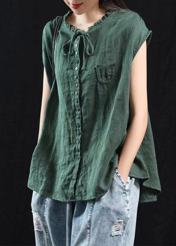Black-Green Patchwork Ruffle Top Made from Organic Cotton with Short Sleeves