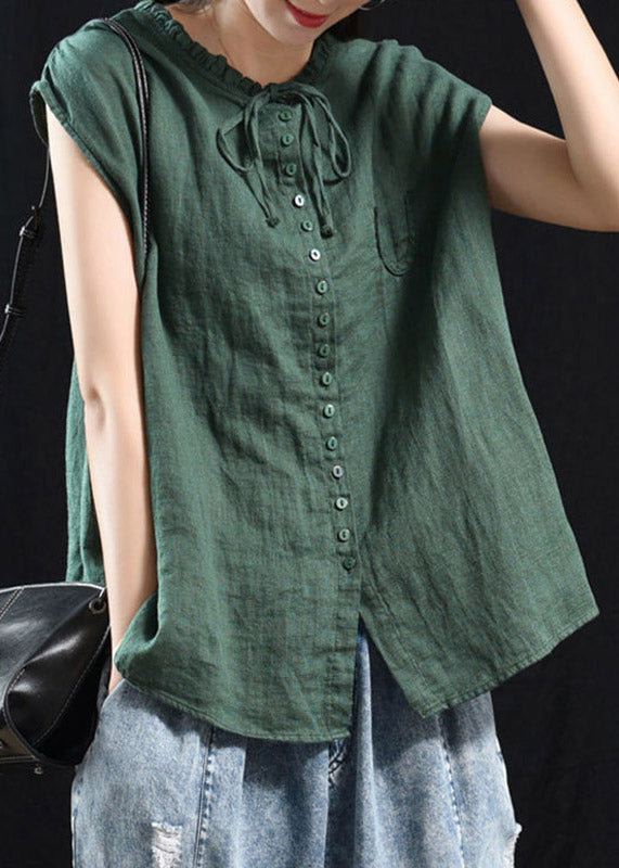 Black-Green Patchwork Ruffle Top Made from Organic Cotton with Short Sleeves