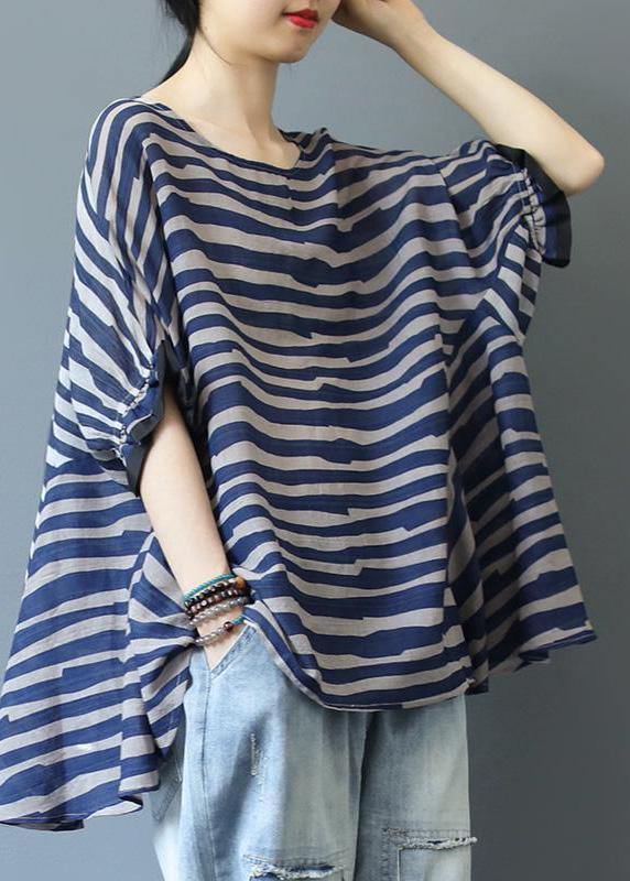 Blue Striped Linen Lace Blouse