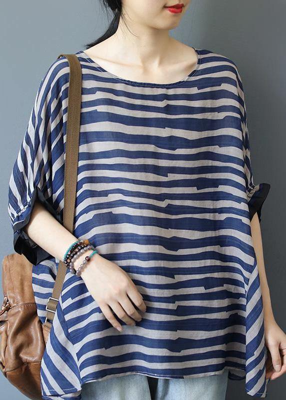 Blue Striped Linen Lace Blouse