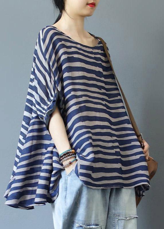 Blue Striped Linen Lace Blouse