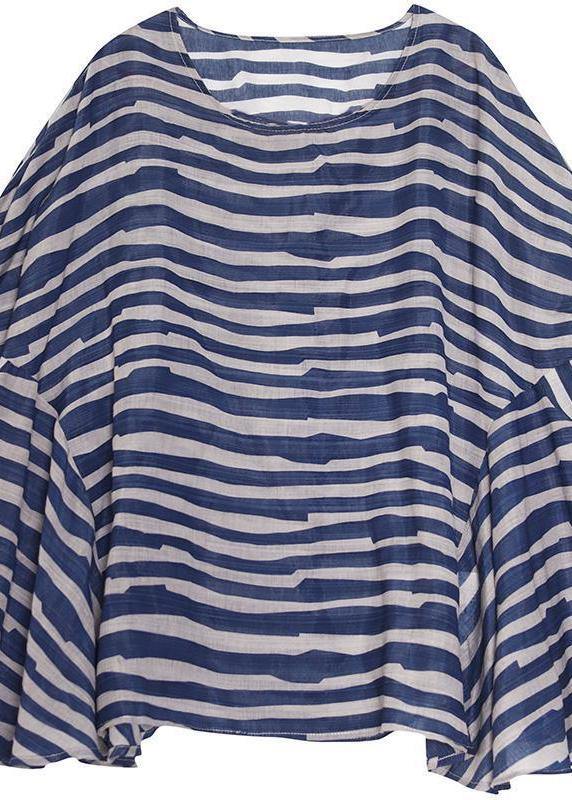Blue Striped Linen Lace Blouse
