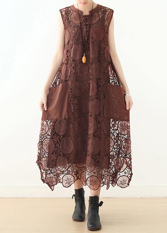 Bio-Coffee Sleeveless Cotton Tunics with O-Neck and Lace Summer Dresses