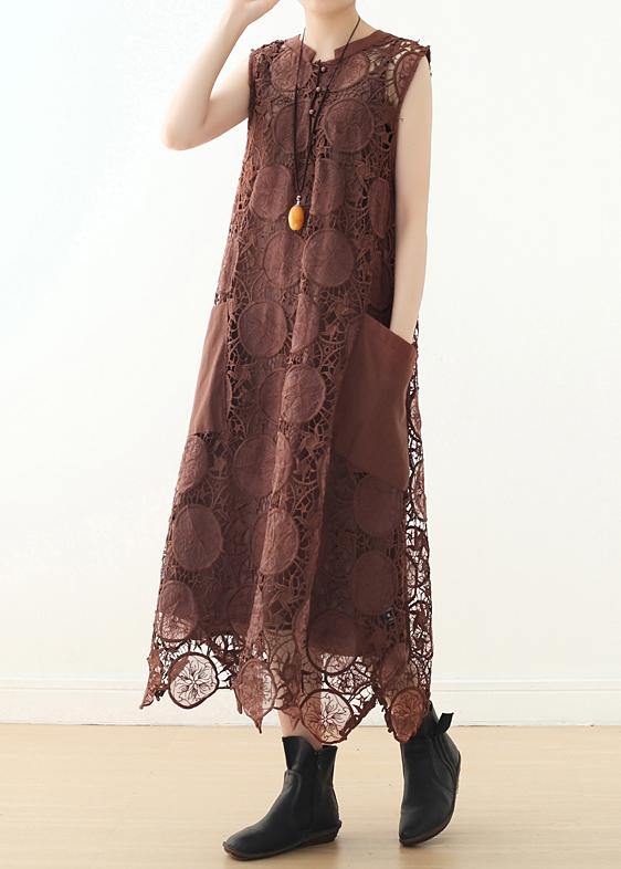 Bio-Coffee Sleeveless Cotton Tunics with O-Neck and Lace Summer Dresses