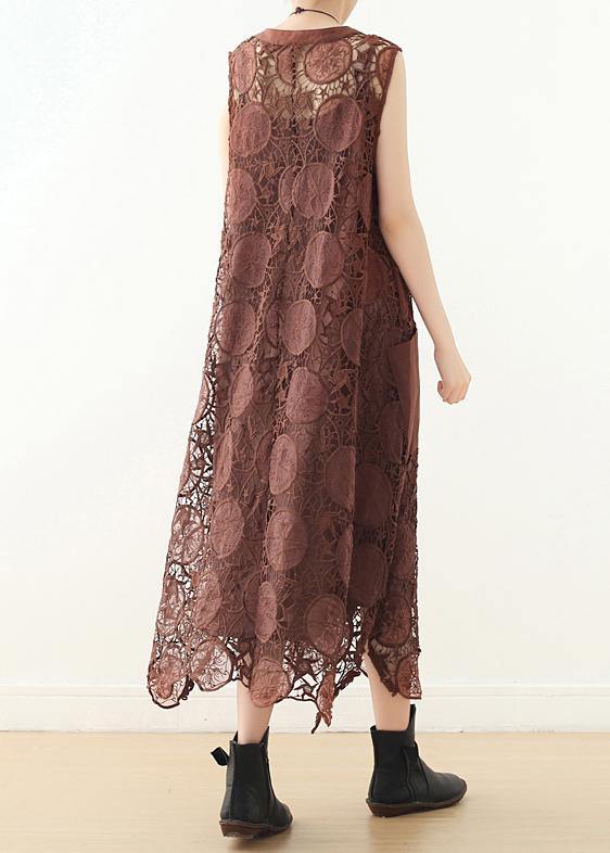 Bio-Coffee Sleeveless Cotton Tunics with O-Neck and Lace Summer Dresses