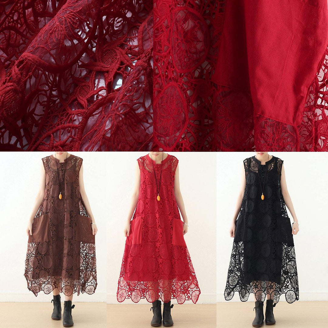 Bio-Coffee Sleeveless Cotton Tunics with O-Neck and Lace Summer Dresses
