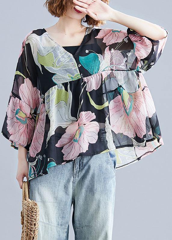 Bio Print Petal Sleeve Tunic Blouse