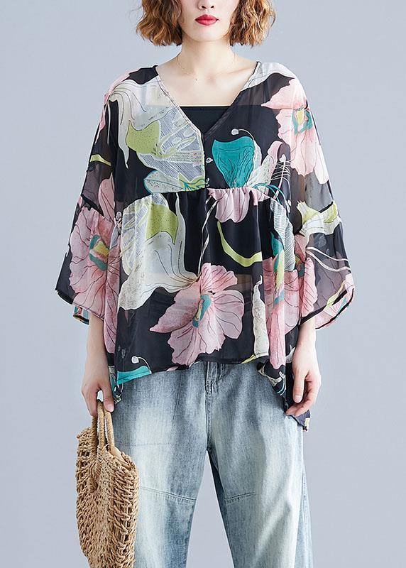 Bio Print Petal Sleeve Tunic Blouse