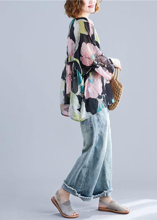 Bio Print Petal Sleeve Tunic Blouse