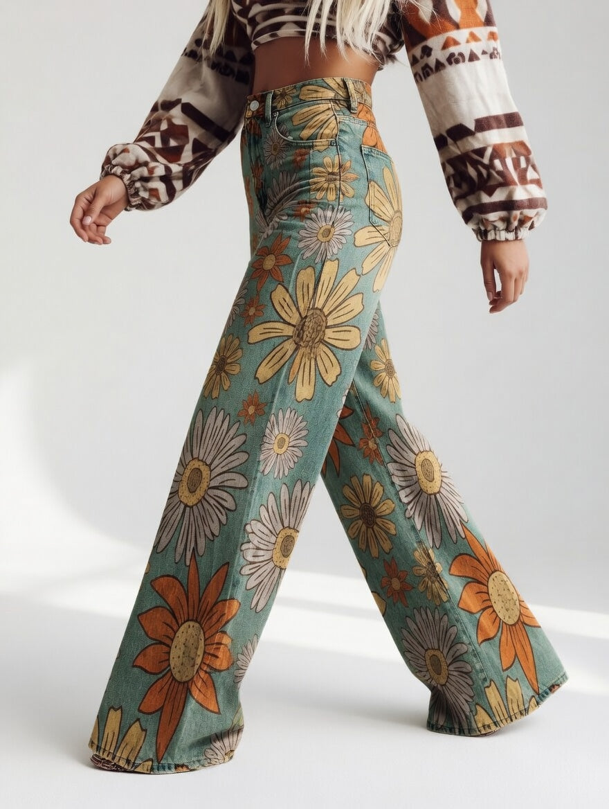 Florivane | Retro Floral Wide-Leg Pants