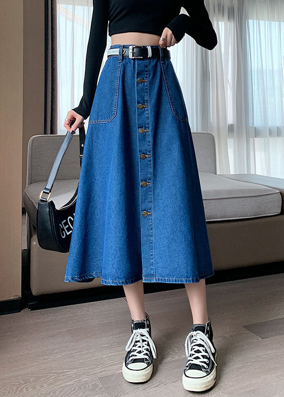 Plus Size Navy Elastic Waist Button Extra Large Hem Cotton Denim Skirt Summer