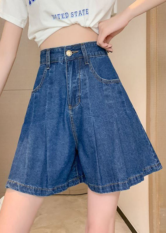 Navy Pleated Denim Plus Size Shorts