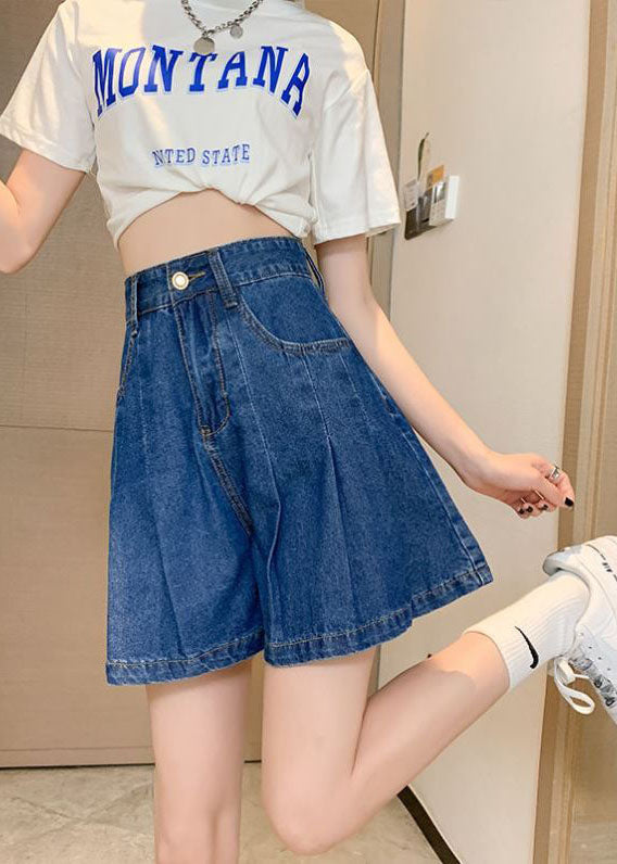Navy Pleated Denim Plus Size Shorts