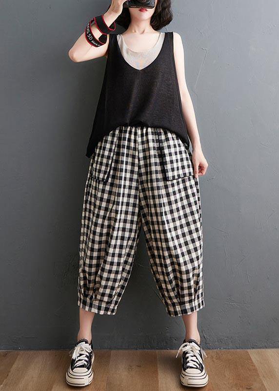 Plus Size Plaid Elastische Taille Lässige Haremshose Sommer Baumwolle Leinen