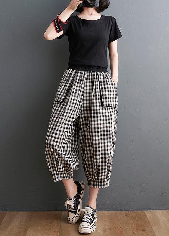 Plus Size Plaid Elastische Taille Lässige Haremshose Sommer Baumwolle Leinen