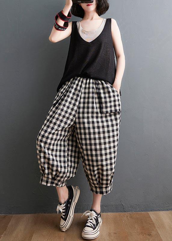 Plus Size Plaid Elastische Taille Lässige Haremshose Sommer Baumwolle Leinen