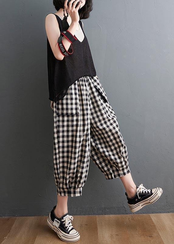 Plus Size Plaid Elastische Taille Lässige Haremshose Sommer Baumwolle Leinen