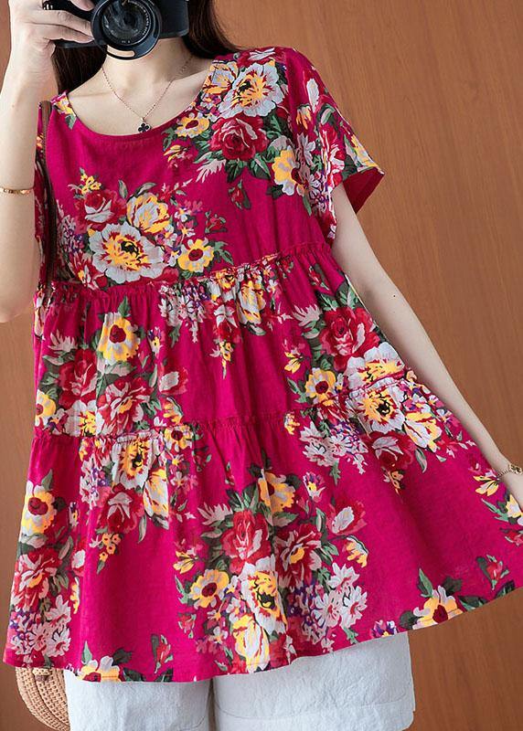 Plus Size Rose Print Cinched Cotton Linen Blouse Summer