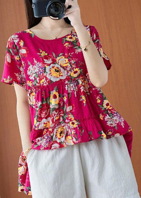 Plus Size Rose Print Cinched Cotton Linen Blouse Summer