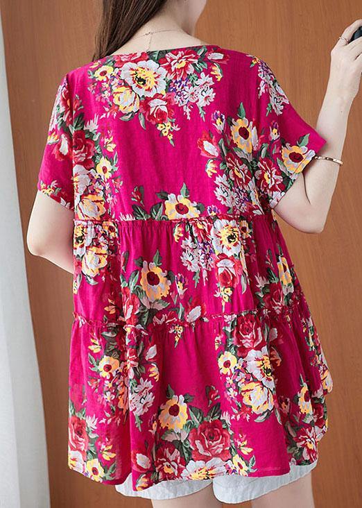 Plus Size Rose Print Cinched Cotton Linen Blouse Summer