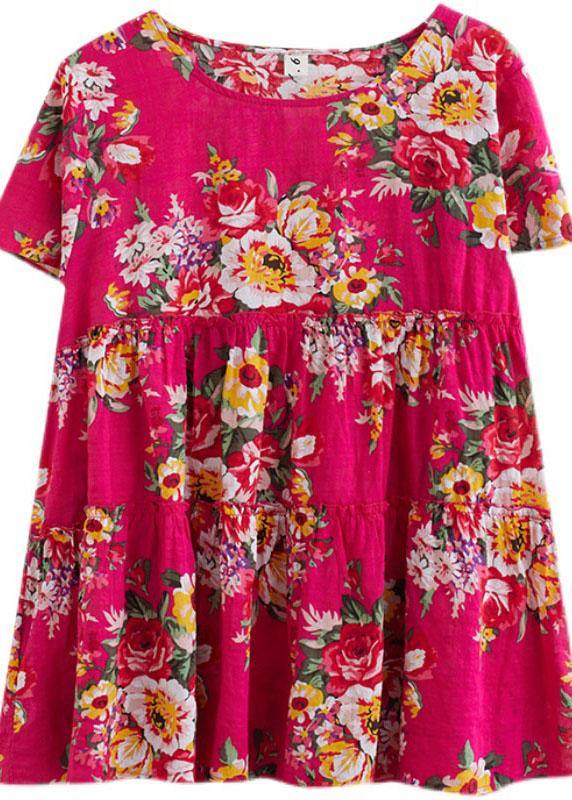Plus Size Rose Print Cinched Cotton Linen Blouse Summer
