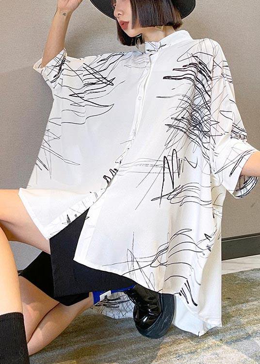 Plus Size White Print Button Low High Design Cotton Blouses