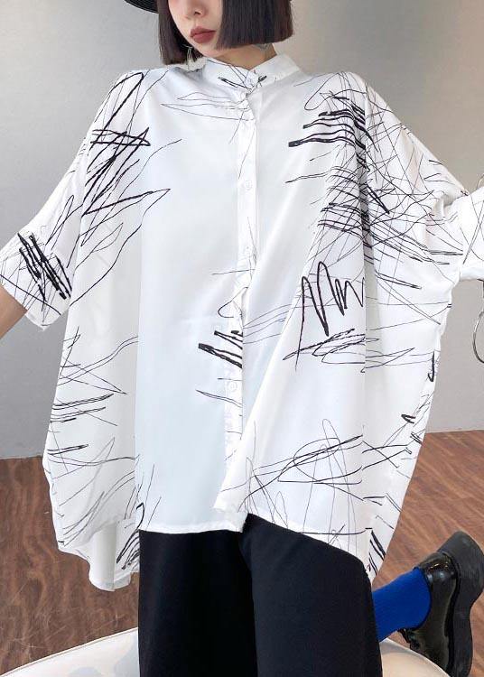 Plus Size White Print Button Low High Design Cotton Blouses