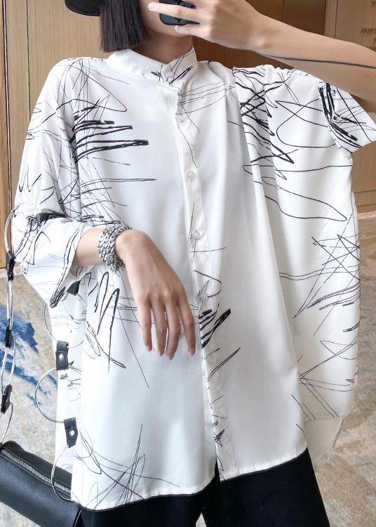 Plus Size White Print Button Low High Design Cotton Blouses