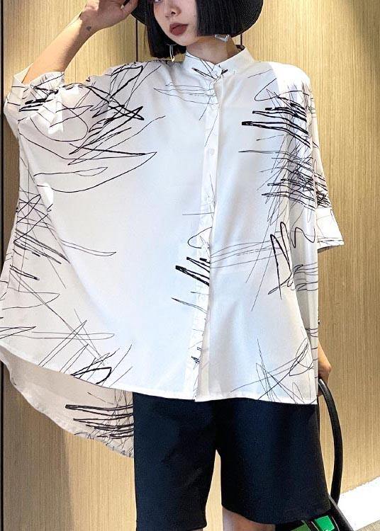 Plus Size White Print Button Low High Design Cotton Blouses