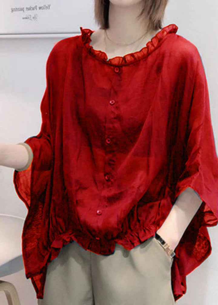 Art Navy Tops Ruffle Trim Half Sleeve Blouse Plus Size