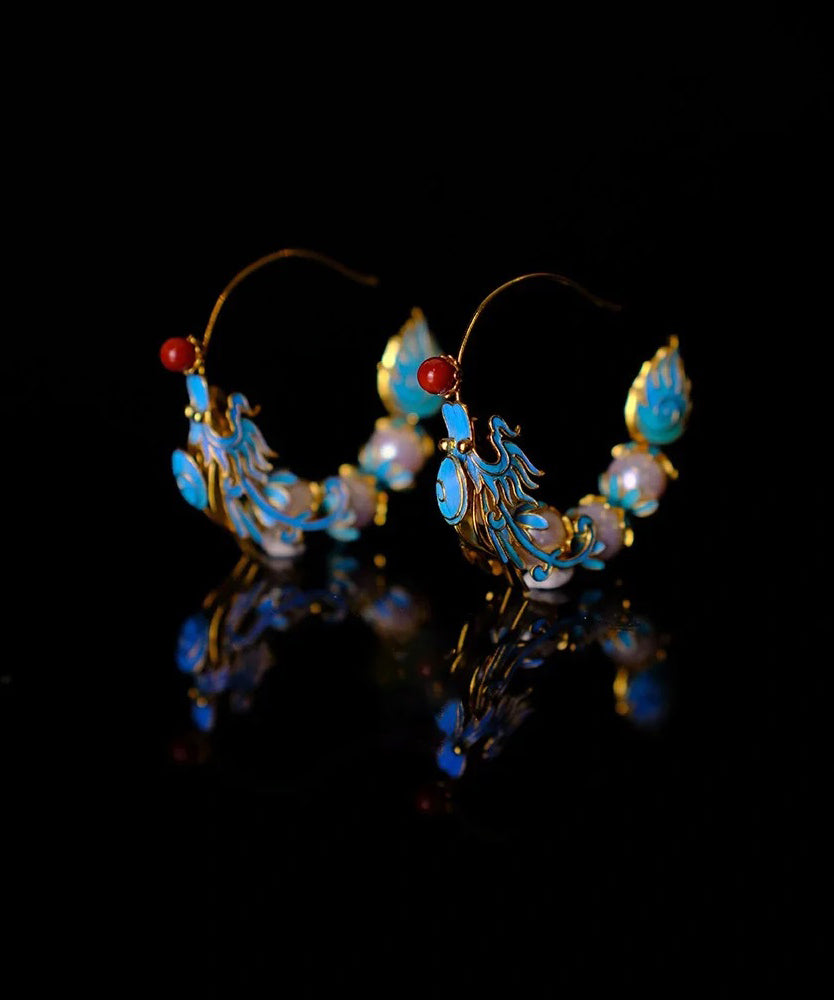 Blue Agate Dragon Enamel Hoop Earrings