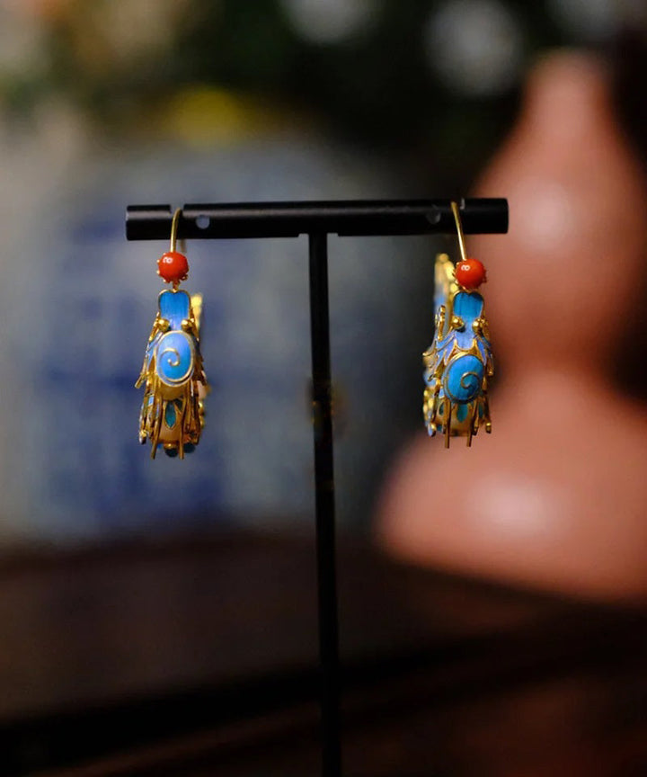 Blue Agate Dragon Enamel Hoop Earrings