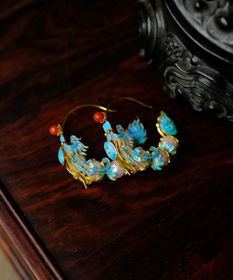Blue Agate Dragon Enamel Hoop Earrings