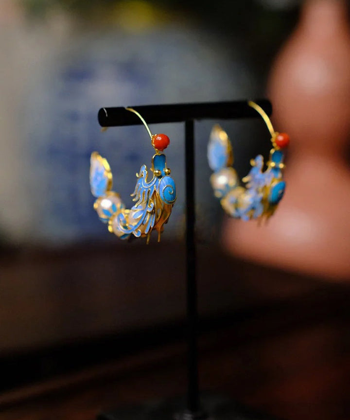 Blue Agate Dragon Enamel Hoop Earrings