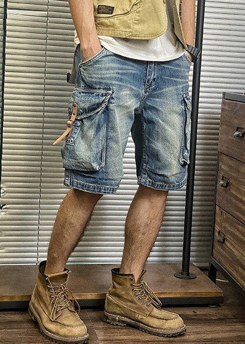 Retro Blue Pockets High Waist Denim Men's Shorts Summer