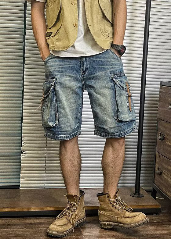 Retro Blue Pockets High Waist Denim Men's Shorts Summer