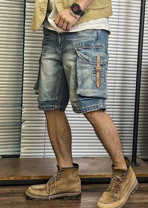 Retro Blue Pockets High Waist Denim Men's Shorts Summer