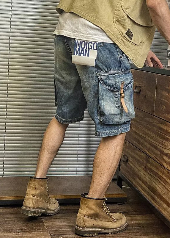 Retro Blue Pockets High Waist Denim Men's Shorts Summer