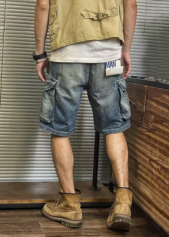 Retro Blue Pockets High Waist Denim Men's Shorts Summer