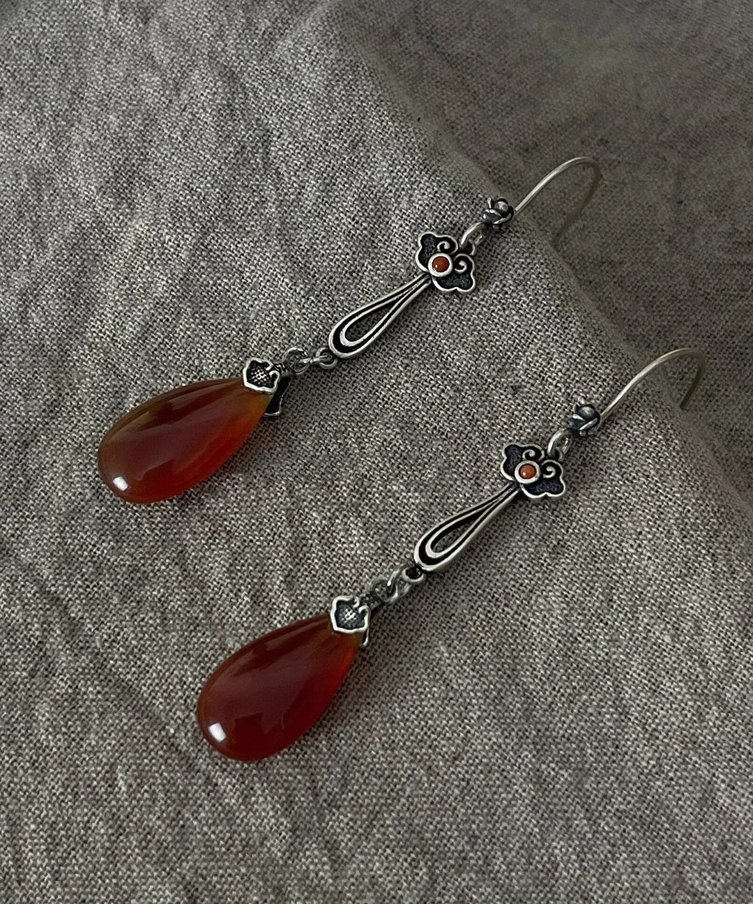 Red Agate Water Drop Silver Earrings