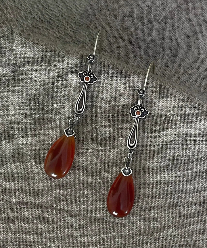 Red Agate Water Drop Silver Earrings