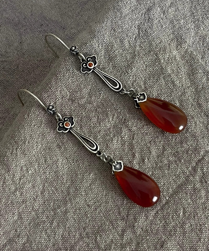 Red Agate Water Drop Silver Earrings