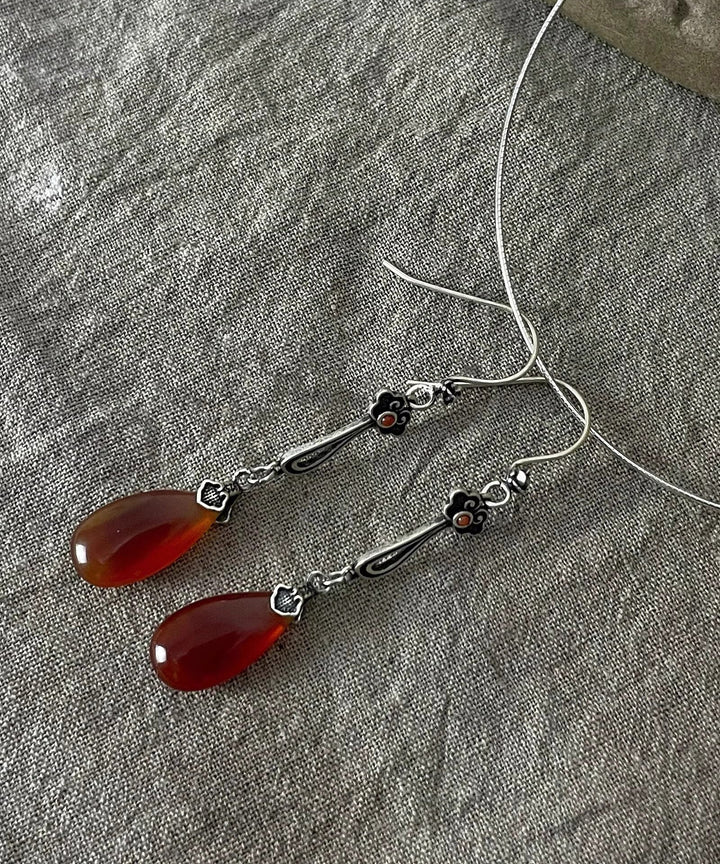 Red Agate Water Drop Silver Earrings