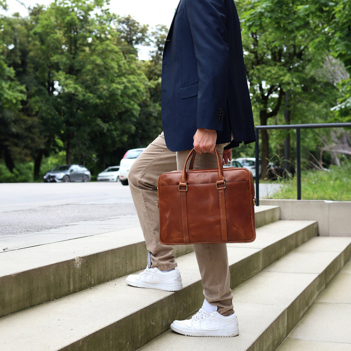 Slim Laptop Bag Leather Brown 15" BRADY Work Bag Briefcase