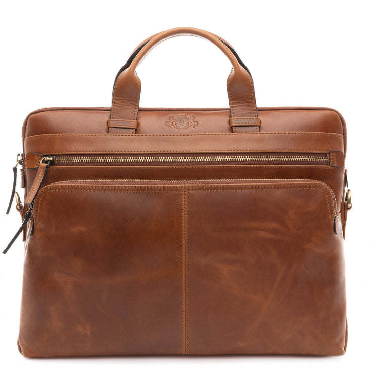 Slim Leather Laptop Bag Brown 14" CARSON Work Bag Briefcase