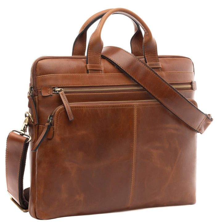 Slim Leather Laptop Bag Brown 14" CARSON Work Bag Briefcase