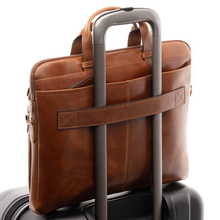 Slim Leather Laptop Bag Brown 14" CARSON Work Bag Briefcase