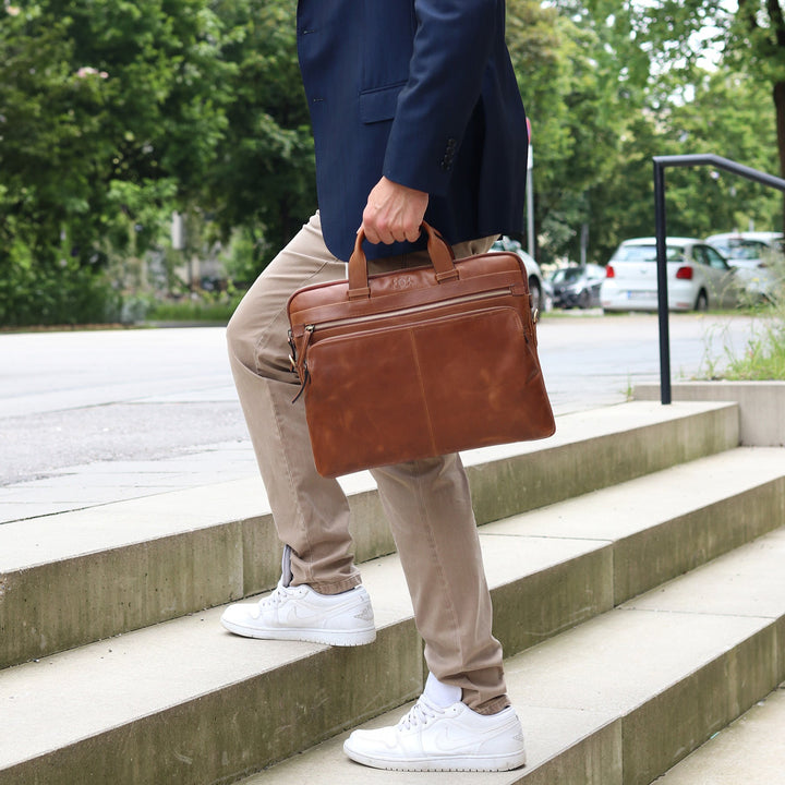 Slim Leather Laptop Bag Brown 14" CARSON Work Bag Briefcase